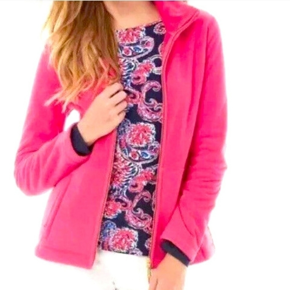 Lilly Pulitzer Grace Pink Fleece Zip Front Jacket Zipper Pockets Size XS Sporty - Picture 2 of 8